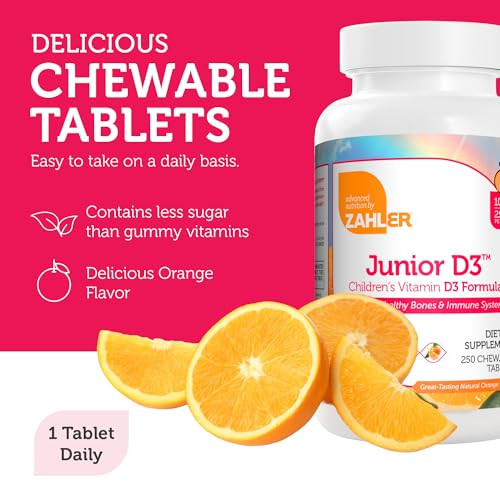 Zahler Junior D3 Vitamins 1000 IU - Chewable Vitamin D3 for Kids to Support Bone, Teeth & Immune Health - Kosher Kids Orange Flavor - 250 Count.