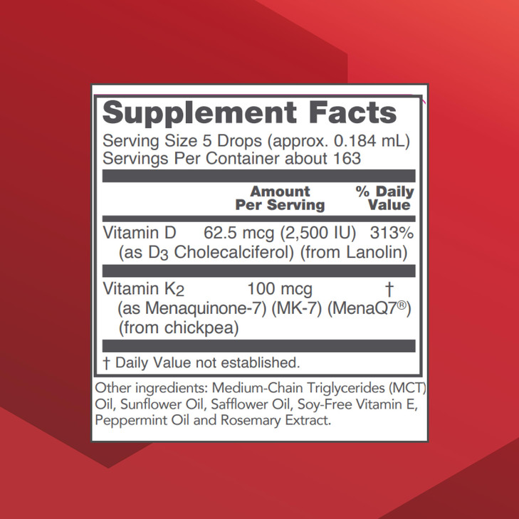 PROTOCOL FOR LIFE BALANCE - Liquid D3 and MK-7-2500IU Vitamin D3 and 100mcg Vitamin K2, Helps Support Bone and Cardiovascular Health - 1 Fl oz