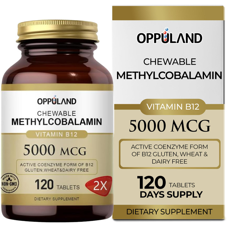 oppuland Methyl B-12 5000mcg Chewable with Folate - Vitamin B12 Methylcobalamin Sublingual Tablets - Supports Energy & Brain Function - Vegan Supplem