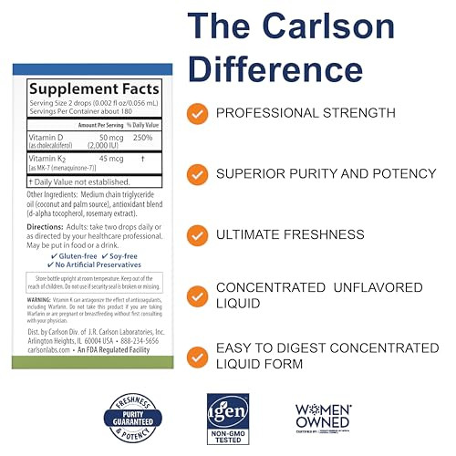 Carlson Super Daily D3 + K2, 50 mcg D3 + 45 mcg MK-7, Heart & Bone Health, 360 Liquid Drops, 10.16 ml