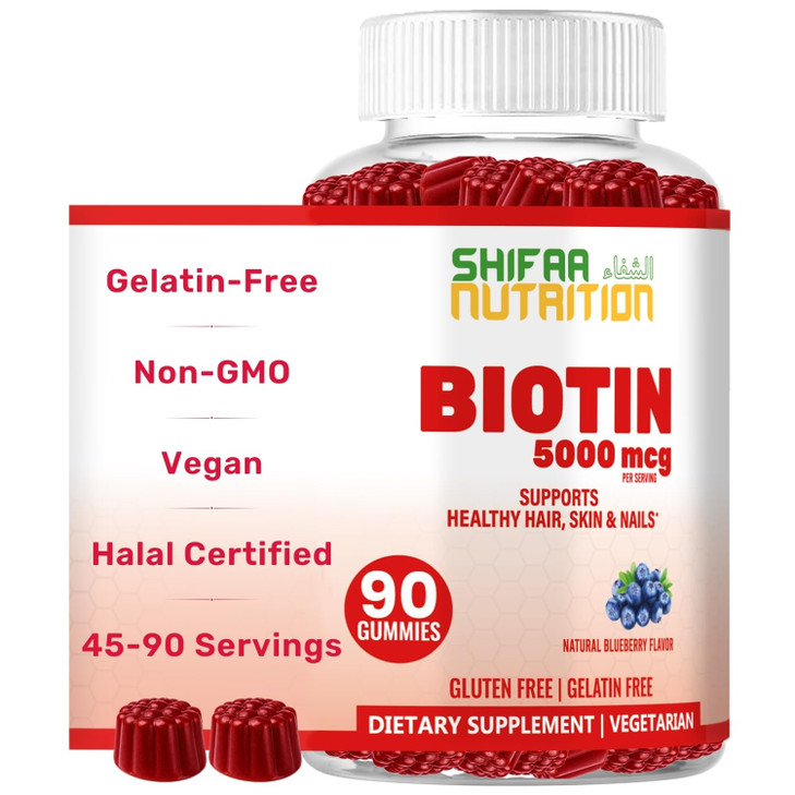SHIFAA NUTRITION Vegan Biotin Gummies for Adult & Kids | 90 Gummies | 5000 mcg 45 Servings | Non-GMO | Gluten, Gelatin, Peanuts, Egg & Dairy Free | B