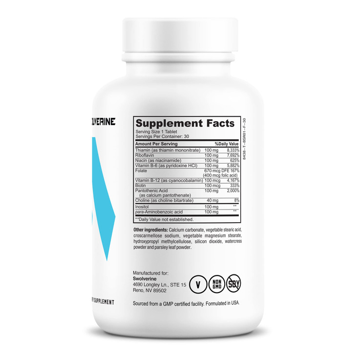 Swolverine B-Vitamin Complex | B-Complex Including B12, B1, B2, B3, B5, B6, B7, B9, Folic Acid, Choline, Inositol, and Biotin, Supports Stress, Energ