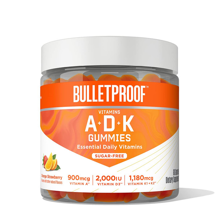 Bulletproof Sugar-Free Orange Strawberry Vitamins A+D+K Gummies, 60 Count, Keto Supplement for Heart, Bone and Immune Support, New and Improved Formu