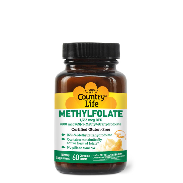 Country Life Methylfolate Chewable Tablets - Metabolically Active Folate - Great Tasting Orange Flavor - Gluten-Free - Smooth Melts - Vegan B12 - Wom