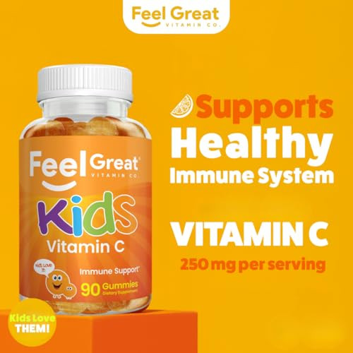 Kids Vitamin C Gummies Chewable for Immune Defense | Plant-Based, Gluten Free | Vegan | 250 mg per Serving | 90 Gummies | Vitamins for Kids by Feel G