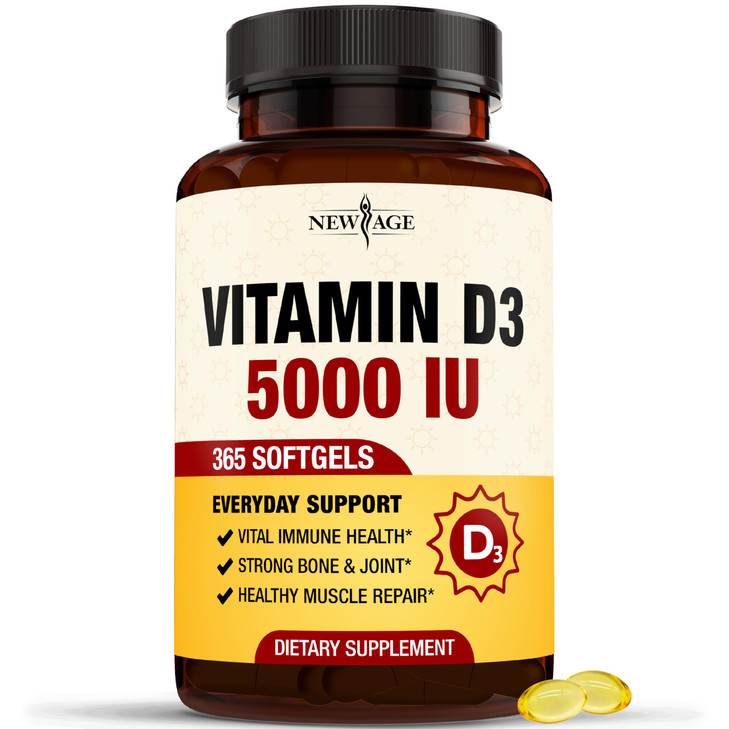 NEW AGE Vitamin D3 5000 IU 125mcg Softgels - Support Immune Support, Strong Bone Health - Non-GMO, Gluten-Free, Dairy-Free,1 Year Supply (360 Softgel
