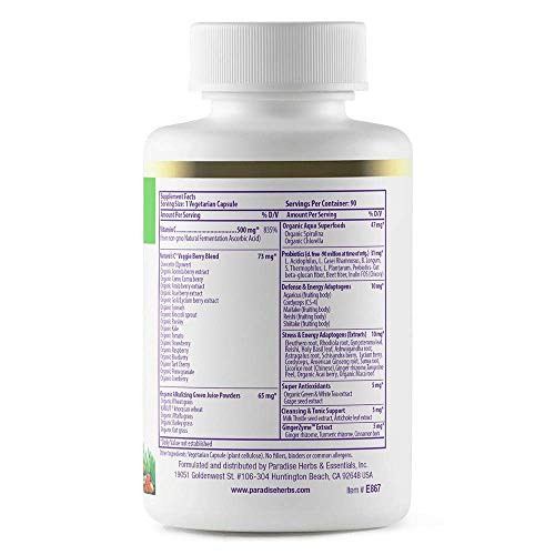 Paradise Herbs Earth's Blend Vitamin C with Nature's C and Adaptogens, Superfoods Base of Probiotics & Organic Alkalizing Greens, 90 Vegetarian Capsu