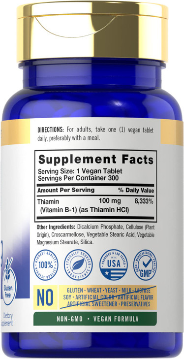 Carlyle B1 Vitamin 100mg | 300 Tablets | Supplement for Women & Men | as Thiamin HCl | Vegan, Non-GMO & Gluten Free
