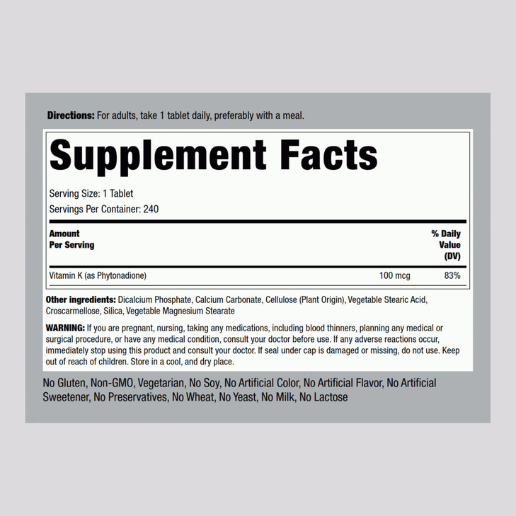 Piping Rock Vitamin K | 100 mcg | 240 Tablets | Supplement for Women and Men | as Phytonadione | Vegetarian, Non-GMO, Gluten Free
