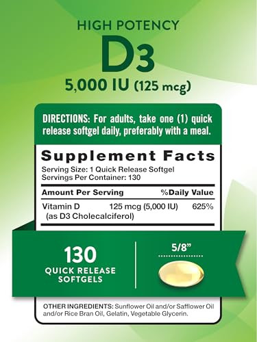 Nature's Truth Vitamin D3 5000 IU Softgels | 130 Count | High Potency | Non-GMO & Gluten Free Supplement