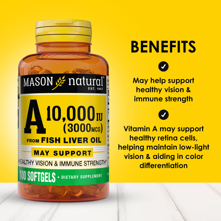 MASON NATURAL Vitamin A 3,000 mcg (10,000 IU) from Fish Liver Oil, Supports Vision & Immune Health, 100 Softgels, Pack of 3
