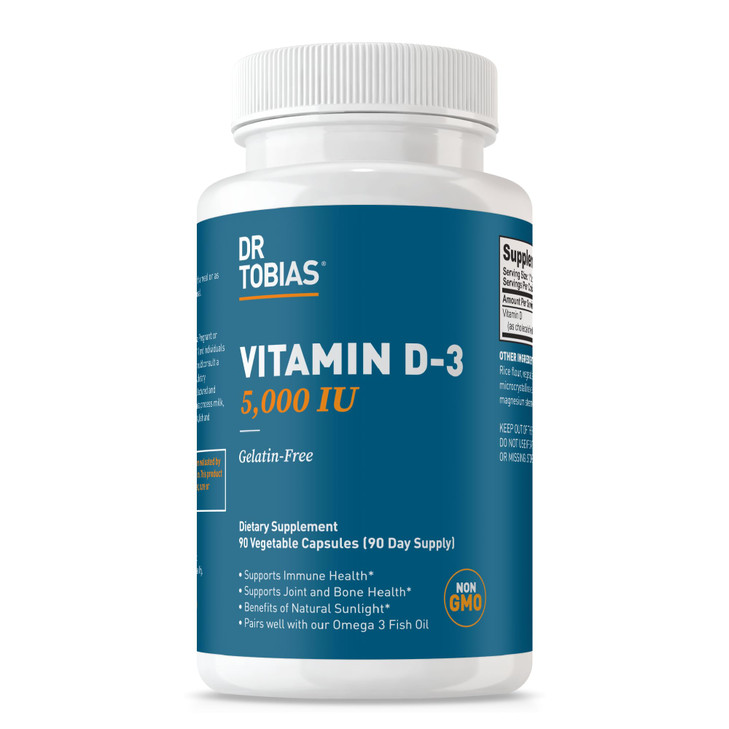 Dr. Tobias Vitamin D3 5000 IU, Essential for Healthy Bones, Teeth, and Immune System, Extra Strength Vitamin D Supplement, Non-GMO, 90 Capsules, 90 S