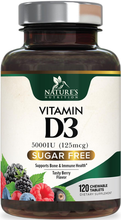 Vitamin D3 5000 IU (125 mcg) Nature's Extra Strength Vitamin D Supplement Chewable for Immune Support Health - Bone, Teeth and Muscle Supplements - S