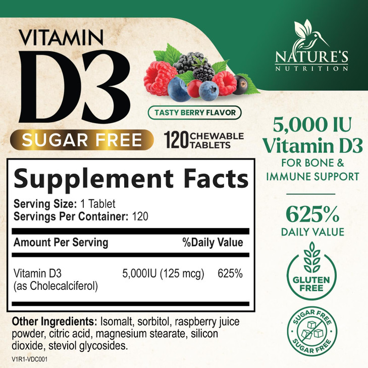 Vitamin D3 5000 IU (125 mcg) Nature's Extra Strength Vitamin D Supplement Chewable for Immune Support Health - Bone, Teeth and Muscle Supplements - S