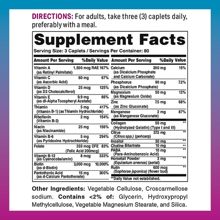 Vitamin World Hair, Skin and Nails Formula 240 caplets, Type I and III Collagen, 3000mcg Biotin, Antioxidant, Coated, Gluten Free