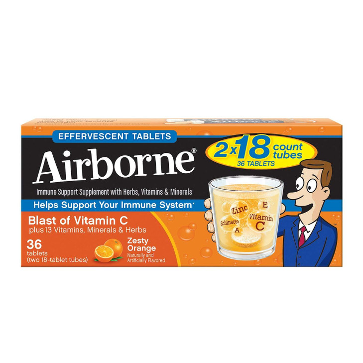 Vitamin C 1000mg (per serving) - Airborne Zesty Orange Effervescent Tablets (36 count in a box), Gluten-Free Immune Support Supplement and High in An