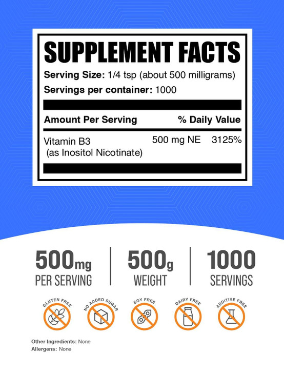 BulkSupplements.com Flush Free Niacin Powder - as Inositol Hexanicotinate, Vitamin B3 Supplement, Niacin 500mg Flush Free - Gluten Free, 500mg of per