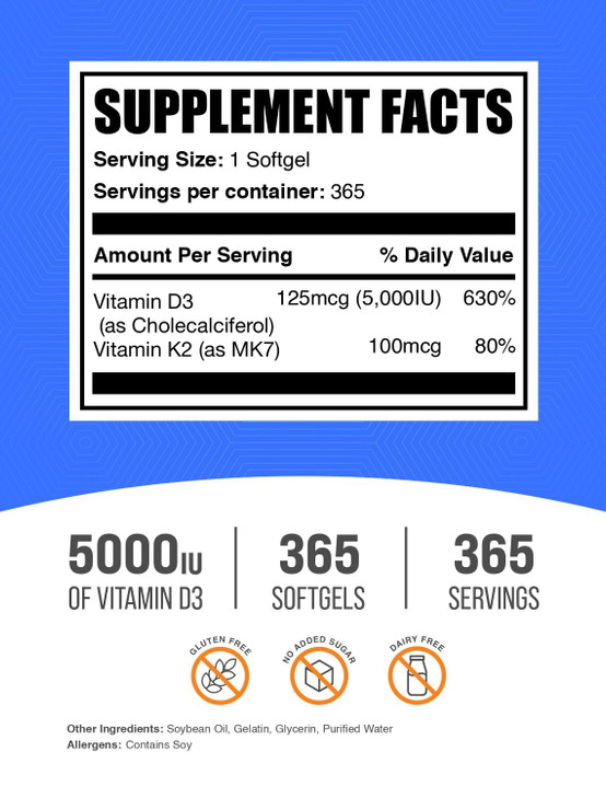 BulkSupplements.com Vitamin D3 + K2 5000 IU Softgels - D3 K2 Supplement, for Immune Health - Gluten Free, 1 Softgel per Serving, 365 Count (Pack of 1