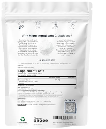 Glutathione Supplement, Pure Glutathione Reduced Powder with Inositol, 5 Ounce (9 Months Supply), 2 in 1 Formula, Powerful Ingredients for Antioxidan