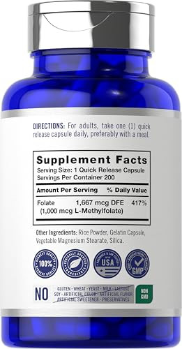 Carlyle L Methylfolate 1000mcg | 200 Capsules | Value Size | Optimized and Activated | Non-GMO, Gluten Free | Methyl Folate, 5-MTHF | by Opti-Folate