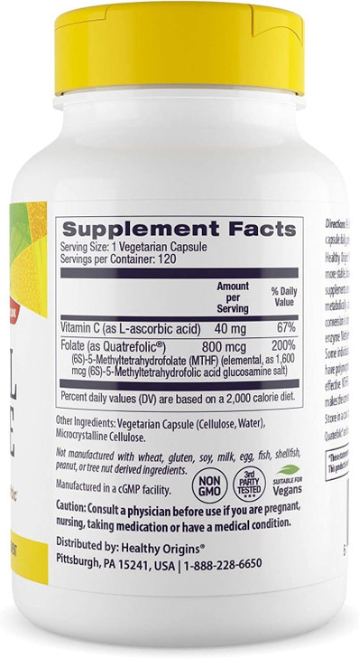 Healthy Origins Methyl Folate 800 mcg (Quatrefolic, Non-GMO, Bioavailable Folate, Gluten Free, Neurotransmitter Support), 120 Veggie Caps