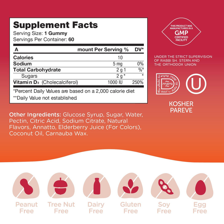 Zahler - Chapter One Vitamin D3 1000 IU Gummies for Kids & Adults (60 Count) - Certified Kosher, Made in USA