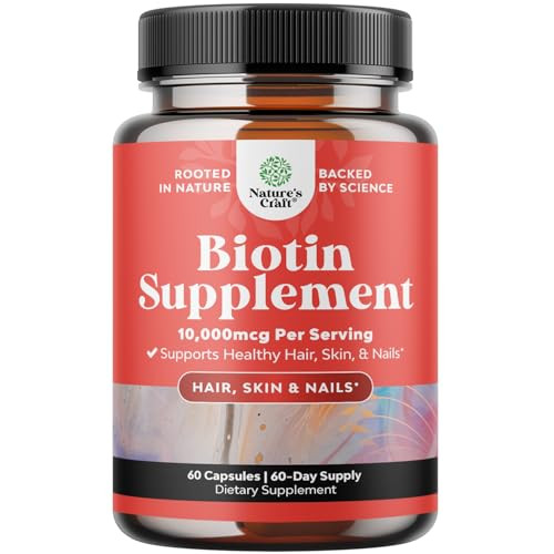 Natures Craft 10000 mcg Pure Biotin Pills for Women Men - Promotes Thicker and Fuller Hair. Natural Supplement for Shiny Thick Hair Growth - Vegetari