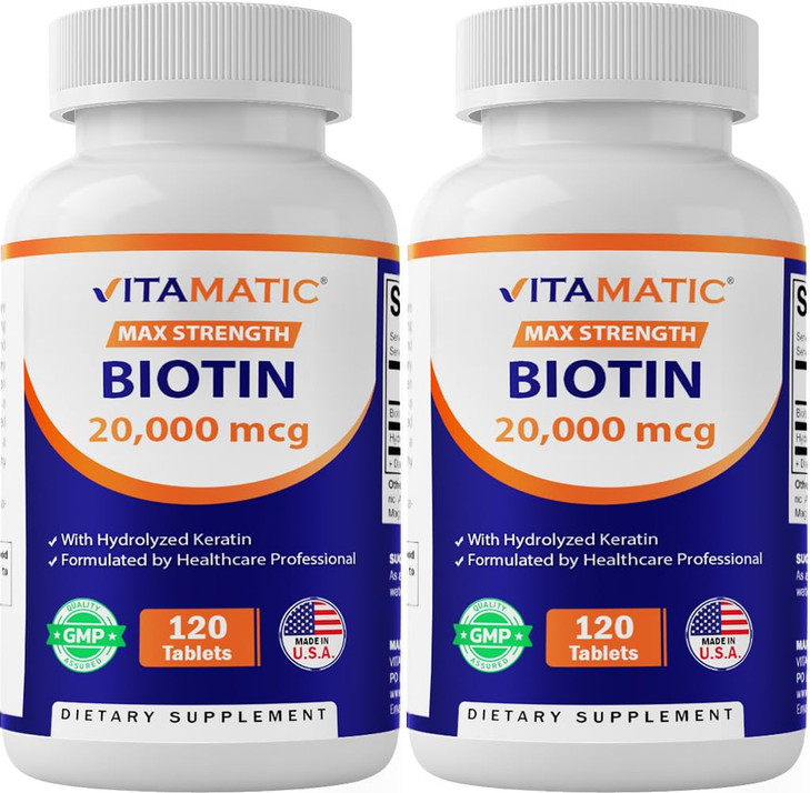 Vitamatic High Potency Biotin 20000 mcg (20mg) with Keratin 100mg - 120 Vegetarian Tablets - Biotin Supplements for Healthy Hair Skin & Nails for Adu