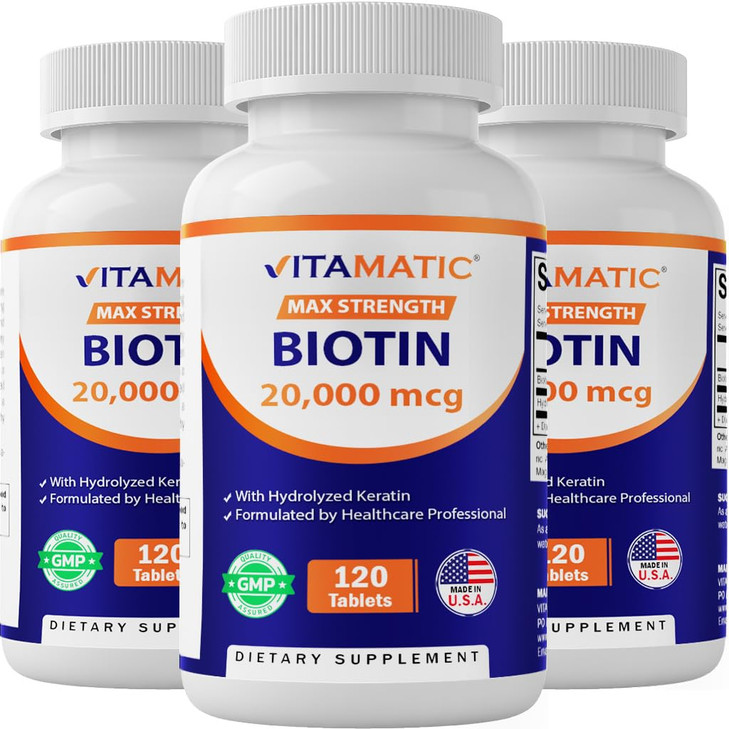 Vitamatic High Potency Biotin 20000 mcg (20mg) with Keratin 100mg - 120 Vegetarian Tablets - Biotin Supplements for Healthy Hair Skin & Nails for Adu
