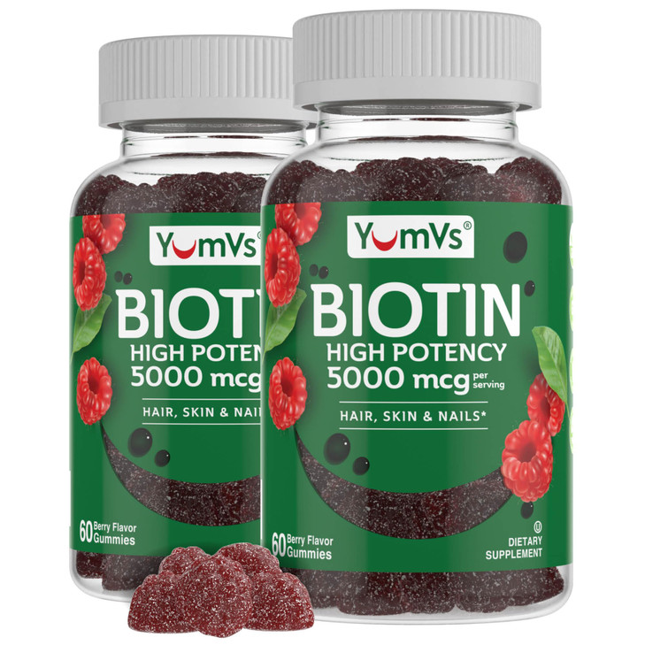 YumVs Biotin Gummies 5000mcg - Luscious Raspberry Flavor - Thicker Faster Hair Growth Gummies for Women or Men - Hair, Skin & Nails Vitamins - Hair G