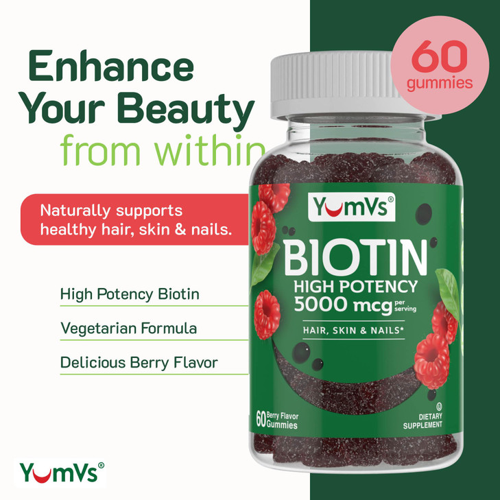 YumVs Biotin Gummies 5000mcg - Luscious Raspberry Flavor - Thicker Faster Hair Growth Gummies for Women or Men - Hair, Skin & Nails Vitamins - Hair G