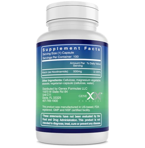 Genex Formulas - Nicotinamide 500mg Vitamin B3 Flush Free Niacin Capsules for Healthy Skin - Niacinamide Supplement Pills Help Produce Keratin & Supp