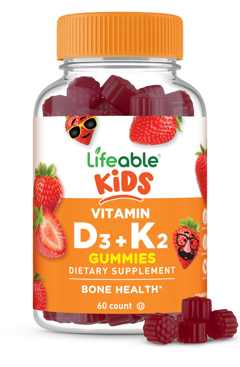 Lifeable Kids Vitamin D3 K2 Gummies | 500iu D3 and K2 100mcg | Great Tasting D3 and K2 Supplements | for Bone Health and Immunity | VIT D3 K2 for Kid
