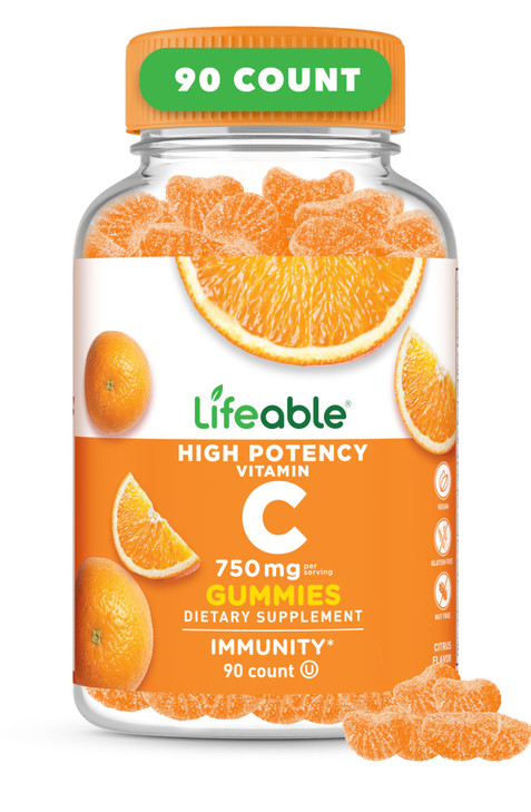 Lifeable Vitamin C Gummies for Adults | 750mg | Great Tasting Orange Flavor VIT C | Vegan Non GMO Vitamin C Chewable | for Immune Support | 90 Gummie