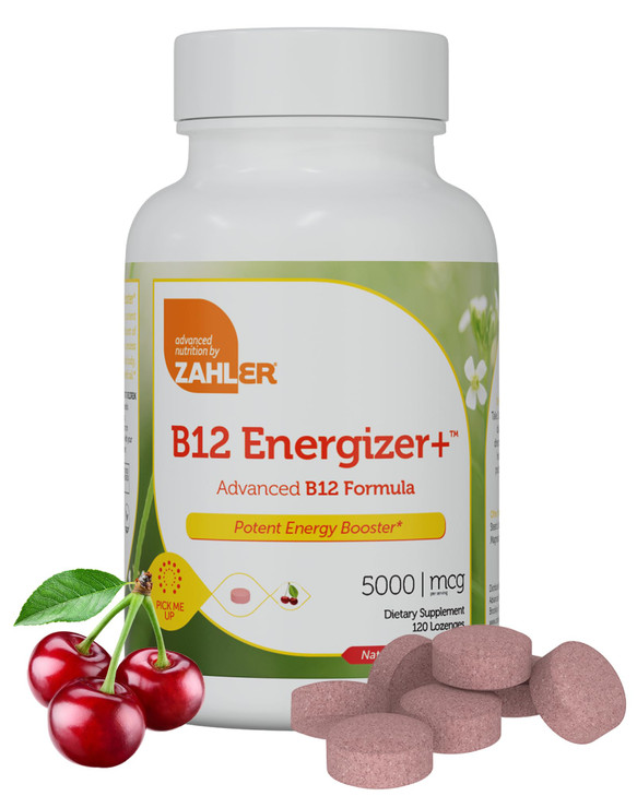 Zahler Energizer+ Vitamin B12-5000 mcg Vitamin B12 - Natural Cherry Flavor Dissolvable Lozenges - Kosher Gluten Free Non-GMO B12 Vitamins 5000 mcg, E