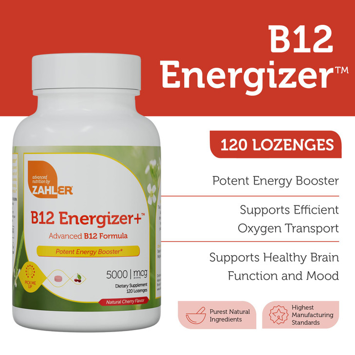 Zahler Energizer+ Vitamin B12-5000 mcg Vitamin B12 - Natural Cherry Flavor Dissolvable Lozenges - Kosher Gluten Free Non-GMO B12 Vitamins 5000 mcg, E