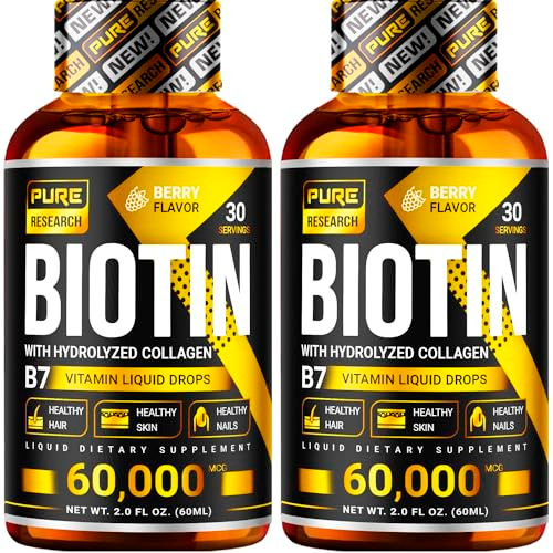 PURE RESEARCH Biotin & Collagen 60,000mcg Hair Growth Liquid Drops, Supports: Strong Nails, Glowing Skin, Healthy Hair Growth, More Absorption Than C