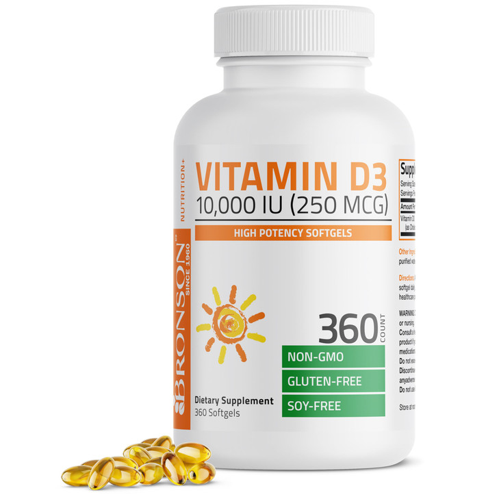 Bronson Vitamin D3 10,000 IU (250 mcg) High Potency - Supports Healthy Immune System, Strong Bones, Muscles & Teeth - Non GMO, 360 Softgels (1 Year S