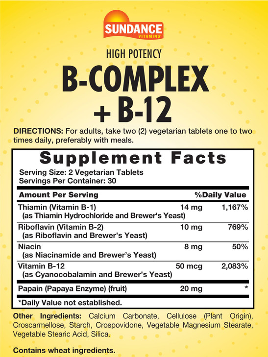 Sundance Vitamin B-Complex | with B-12 | 60 Tablets | High Potency | Vegetarian, Non-GMO, and Gluten Free Supplement