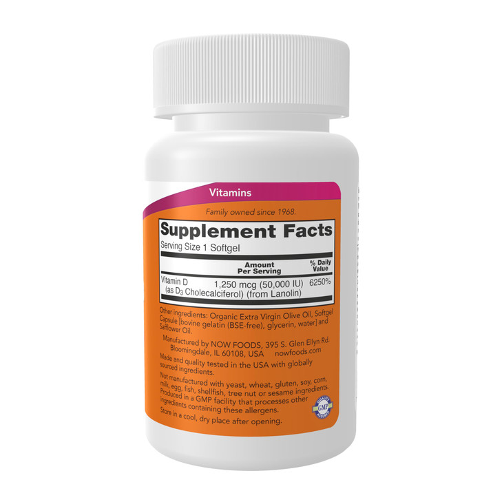 NOW Foods Supplements, Vitamin D-3 50,000 IU Softgels, 50 softgels