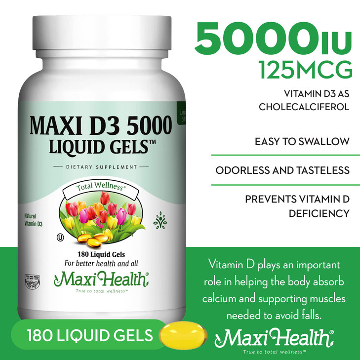 Maxi Health Vitamin D3 5000 IU Softgels - 125 mcg D3 Vitamin 5000 IU - Vitamin D 5000 IU for Healthy Bones & Teeth - Dietary Vitamins Supplements for