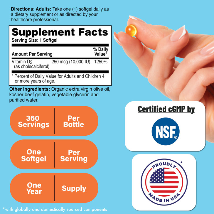 Health Thru Nutrition Vitamin D3 10,000iu 360 Mini Softgels for Maximum Benefit Year Supply | 250mcg Cholecalciferol | 3rd Party Tested | Non-GMO USP