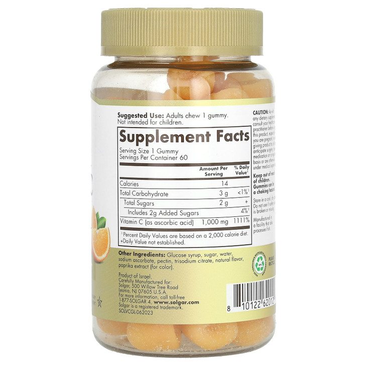 Solgar Vitamin C Gummies for Adults 1,000mg Ultra Potency Vitamin C Immune System Support for Women & Men - Tasty Tart Orange Flavor, Vegan & Gluten-