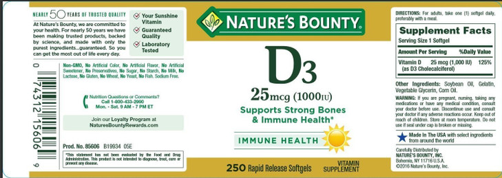 Nature's Bounty Vitamin D3-1000 IU, Rapid Release Softgels 250 ea (Pack of 2)