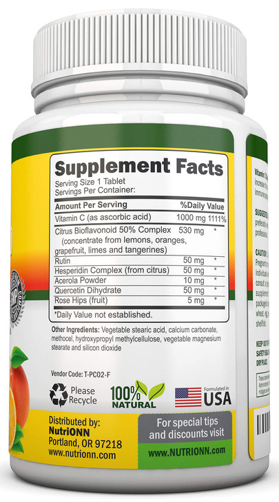 Super Vitamin C Complex - 1695Mg - 180 Tablets - With 530 mg Natural Citrus Bioflavonoids, Rose Hips, Rutin, Quercetin & Hesperidin For Increased Abs
