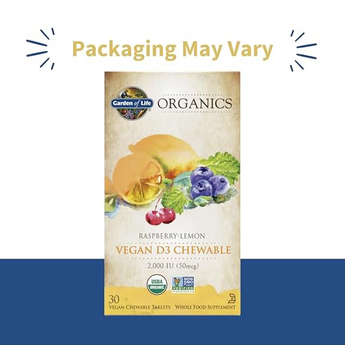 Garden of Life Organics Vegan Vitamin D3 Chewable - Raspberry Lemon, 2,000 IU (50mcg) Whole Food Vitamin D3 from Lichen Plus Food & Mushroom Blend, G