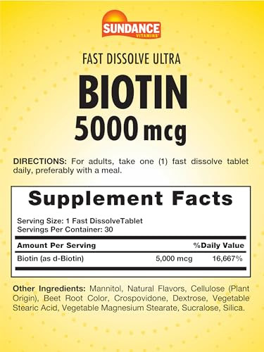 Sundance Fast Dissolve Biotin 5000mcg | 30 Tablets | Essential B-Vitamin | Natural Berry Flavor | Vegetarian, Non-GMO, and Gluten Free Supplement
