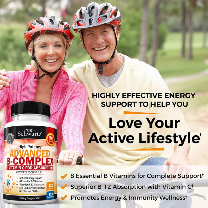 Vitamin B Complex with Vitamin C for Maximum Absorption - Methylcobalamin b12 & Folate Folic Acid Supplement - B1 B2 B3 B5 B6 B7 B9 for Immune Energy