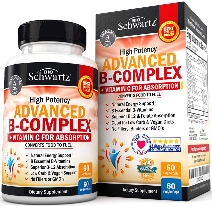 Vitamin B Complex with Vitamin C for Maximum Absorption - Methylcobalamin b12 & Folate Folic Acid Supplement - B1 B2 B3 B5 B6 B7 B9 for Immune Energy