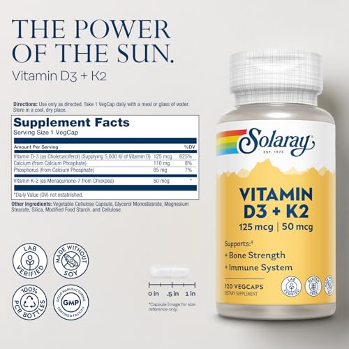 SOLARAY Vitamin D3 K2 - Bone Health and Immune Support Supplement - With 5000 IU Vitamin D as Vit D3 and 50 mcg Vitamin K2 as Menoquinone MK7, Made W